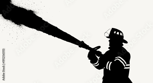 Firefighter Silhouette Holding Fire Hose and Spraying Wide Mist in Bright Studio Background