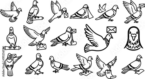 Black and White Line Art Homing Pigeons with Mail Icons Set. Communication and Postal Service Delivery Symbols. Outline Carrier Birds with Envelopes.