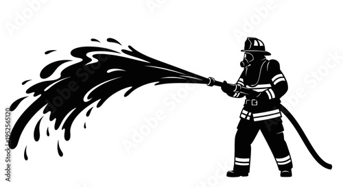 Firefighter Holding Fire Hose and Spraying Powerful Water Stream on Isolated White Background