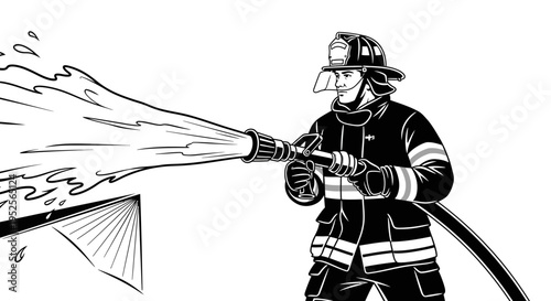Firefighter Holding Fire Hose and Spraying Water in Action Facing Front on Isolated White Background