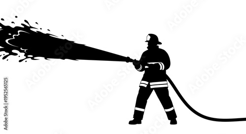 Firefighter Standing and Spraying Water from Fire Hose on Isolated White Background