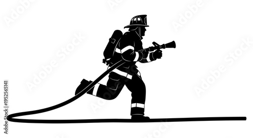 Firefighter Running with Hose and Spraying Water on Isolated White Background