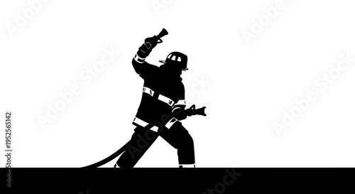 Firefighter Heroically Raising Axe Silhouette in Determined Stance on Isolated White Background