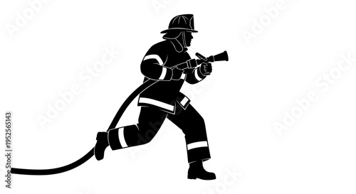 Firefighter Running with Water Hose Silhouette Responding to Emergency on Isolated White Background