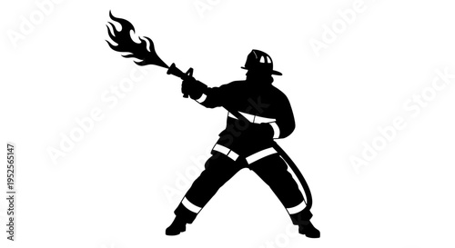 Firefighter Holding Axe in Dynamic Stance Silhouette on Isolated White Background