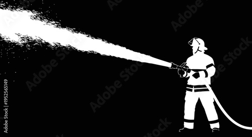 Firefighter Silhouette Extinguishing Fire with Water Hose on Dark Background