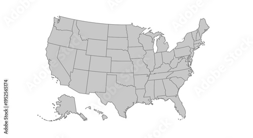 Grayscale Shaded Political Map of United States of America on Isolated White Background