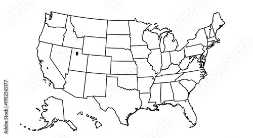 Outline Map of United States with State Borders on Isolated White Background