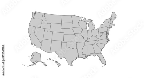 Shaded Political Map of United States of America on Isolated White Background