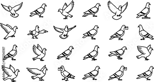 Black and White Line Art Pigeons and Doves Vector Icon Set for Communication, Peace, and Nature Concepts - Animal Glyph Collection