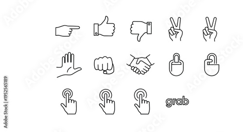 Digital Interaction Hand Gesture Outline Icon Set on Isolated White Background