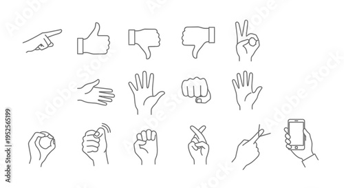 Minimalist Hand Gesture Outline Icons Set for Digital Interaction on Isolated White Background
