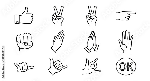 Extensive Set of Human Hand Gestures and OK Symbol on Isolated White Background