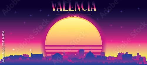 Purple generic retro futuristic synthwave panoramic poster of the city skyline with misty background sunset buildings of VALENCIA, SPAIN