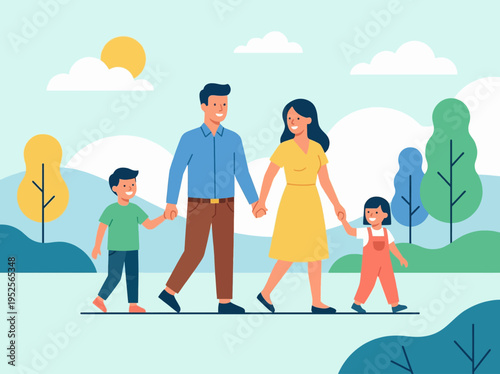 A happy family walking together outdoors, parents holding hands with their children in a park setting with trees and clouds