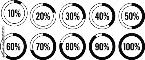 Circular progress charts set, percentage indicators 10 to 100, infographic loading rings, UI dashboard elements, vector data visualization