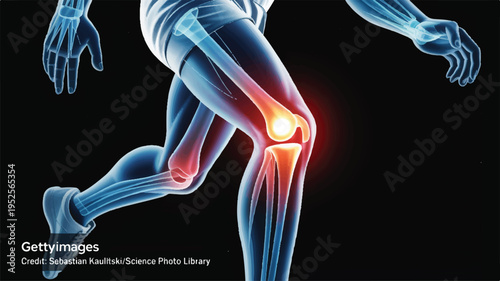 Knee Injury: Visualizing human skeletal anatomy with the highlight on knee pain area, the pain is highlighted in glowing red.