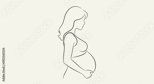 Elegant line art drawing of a pregnant woman affectionately holding her stomach in profile view on a light beige background.