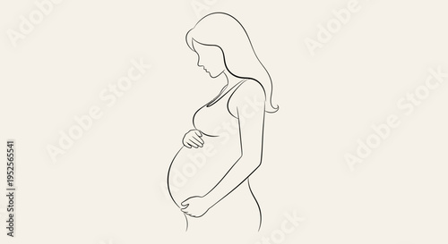 Serene line art drawing of a pregnant woman tenderly caressing her baby bump in profile view on a light beige background.