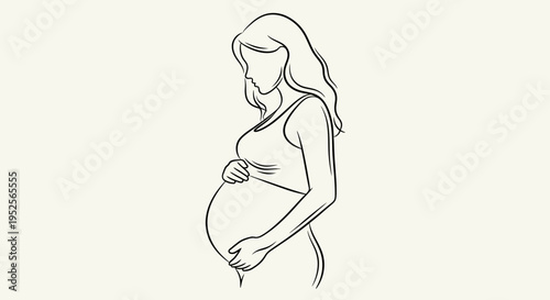 Beautiful line art drawing of a pregnant woman gently embracing her baby bump in profile view on a light beige background.