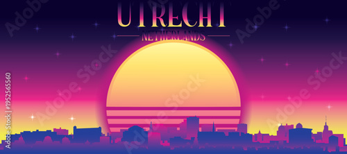 Purple generic retro futuristic synthwave panoramic poster of the city skyline with misty background sunset buildings of UTRECHT, NETHERLANDS