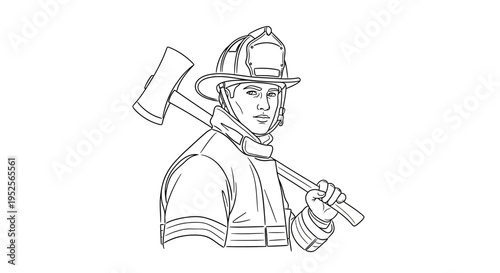 Focused line art drawing of a firefighter holding an axe over shoulder with a determined expression on a light grey background.
