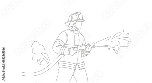 Dynamic line art drawing of a firefighter actively spraying water from a hose to extinguish a fire on a light grey background.