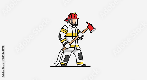 Brave firefighter character in uniform holding an axe, standing in a confident pose on a light grey background.