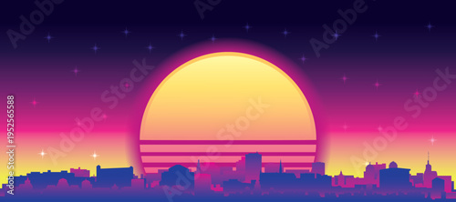 Purple generic retro futuristic synthwave panoramic poster of the city skyline with misty background sunset buildings of UTRECHT, NETHERLANDS
