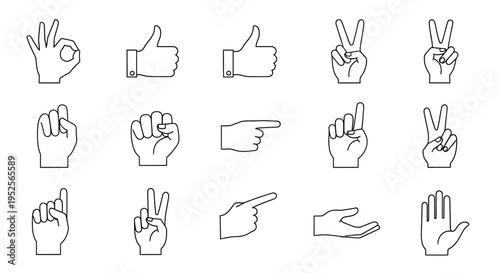 Comprehensive set of various line art hand gestures including OK, thumbs up, and peace sign in bright studio.
