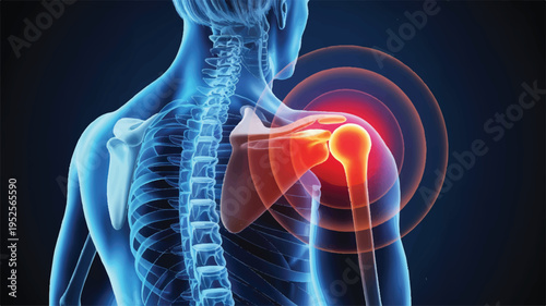 Shoulder Pain Illustration: An anatomical illustration focuses on the shoulder, highlighting areas of pain through radiant red hues, revealing the intricacies of human anatomy