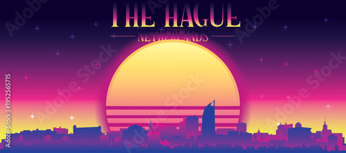 Purple generic retro futuristic synthwave panoramic poster of the city skyline with misty background sunset buildings of THE HAGUE, NETHERLANDS