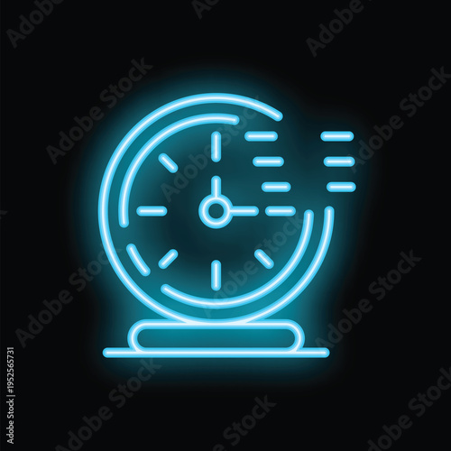 Blue neon clock showing time passing by fast with motion blur effect on black background