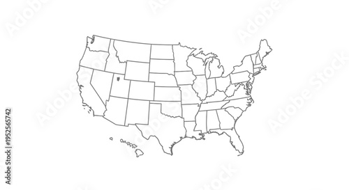 Outline Map of the Contiguous United States of America with State Borders, Isolated White Background