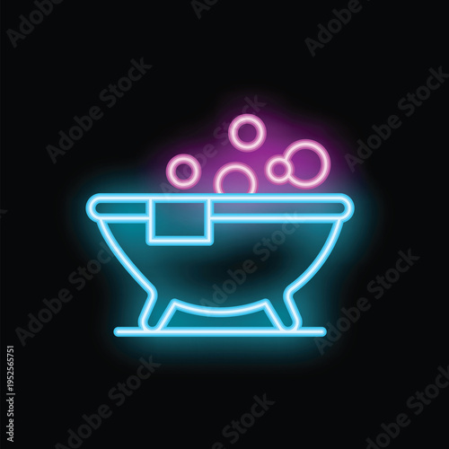 Neon bathroom icon glowing on dark background representing the concept of bath time
