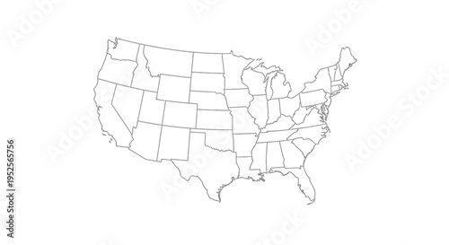 Outline Map of the Contiguous United States of America with State Borders, Isolated White Background