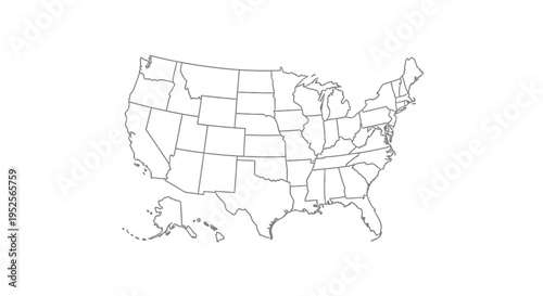 Outline Map of the Contiguous United States of America with State Borders, Isolated White Background