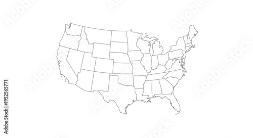 Outline Map of the United States of America with State Borders, Isolated White Background