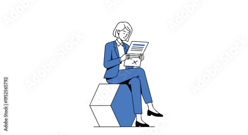 A focused businesswoman in a blue suit sits on a geometric bench, intently examining a document marked with a prominent 'X'.