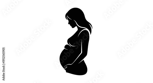 Loving Pregnant Woman Silhouette Cradling Her Belly, Side View on Isolated White Background