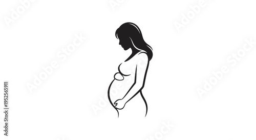 Serene Pregnant Woman Cradling Her Baby Bump, Side View Outline on Isolated White Background