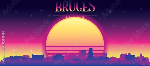 Purple generic retro futuristic synthwave panoramic poster of the city skyline with misty background sunset buildings of BRUGES, BELGIUM