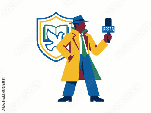 Dedicated journalist in trench coat holding a press microphone, standing before a symbolic shield with an open book, embodying the pursuit of truth and knowledge in media reporting