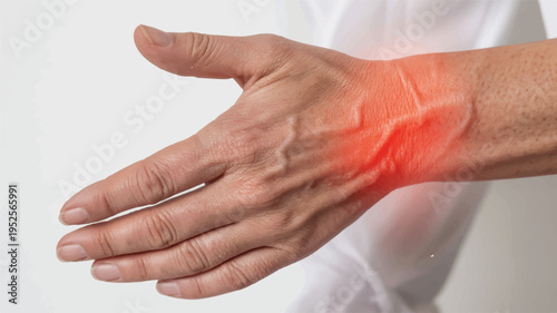 Painful Wrist: Close-up of a human hand, with the wrist highlighted in a vibrant red glow, illustrating pain and inflammation.