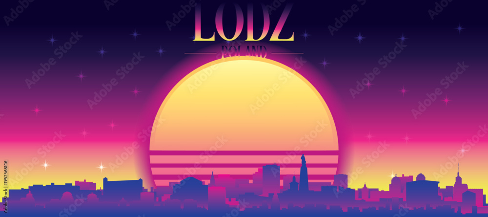 Obraz premium Purple generic retro futuristic synthwave panoramic poster of the city skyline with misty background sunset buildings of LODZ, POLAND