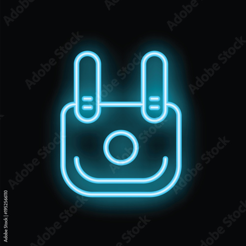 Blue neon icon of a bulletproof vest glowing on a black background, representing safety and security