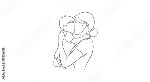 Affectionate Mother Tenderly Kissing Her Young Child's Cheek, Line Art on an Isolated White Background