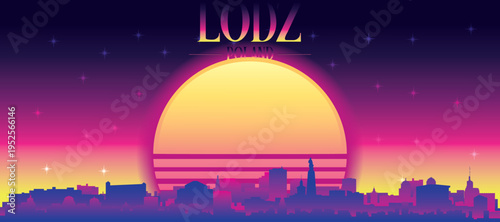 Purple generic retro futuristic synthwave panoramic poster of the city skyline with misty background sunset buildings of LODZ, POLAND