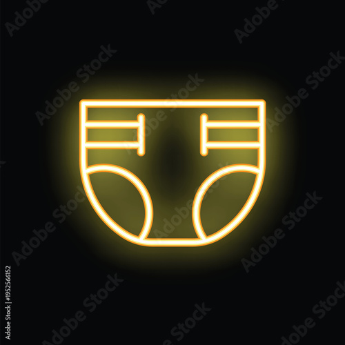 Yellow neon icon of a diaper glowing on a black background