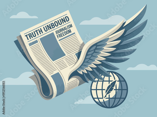 The concept of freedom of the press and journalism's role in uncovering the truth, symbolized by a newspaper with wings and a globe